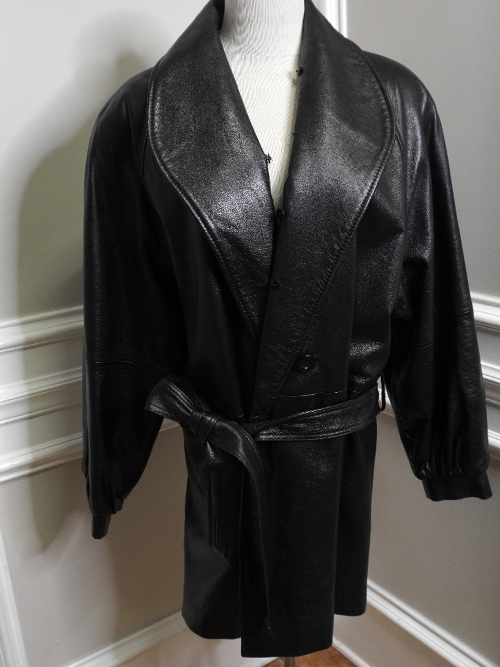 OVERSIZED FAUX LEATHER TRENCH COAT - BLACK